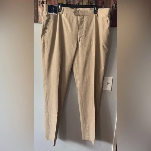 Stafford Linen Blend Pants Dress Mens Tan Slim Fit Straight Flat Front 40X32 - Picture 2 of 8